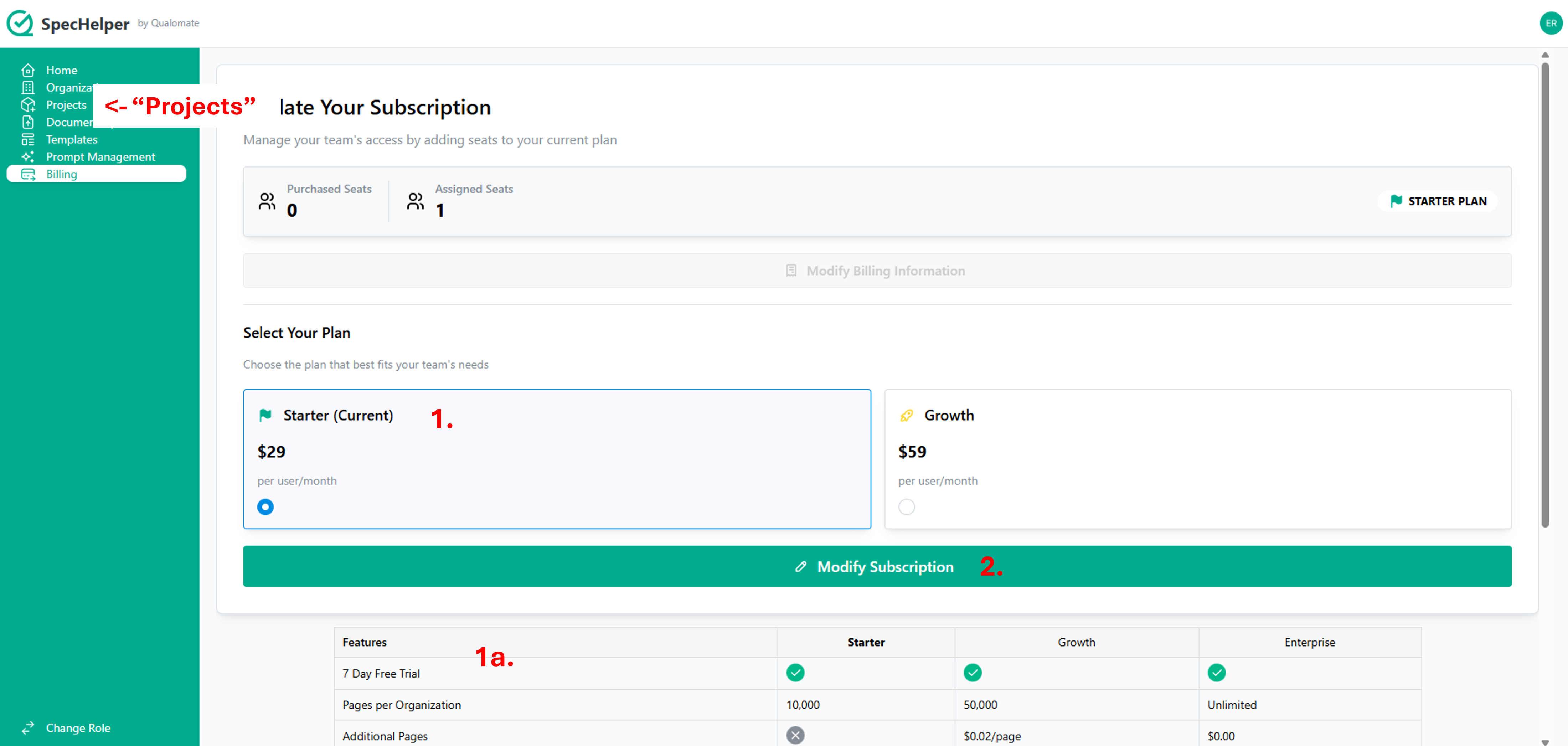 Billing and subscription setup interface showing plan selection and seat management